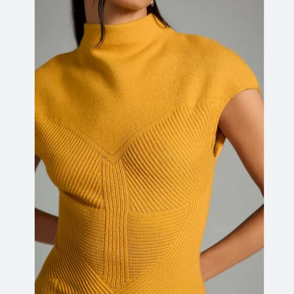 Anthropologie Short-Sleeve Mock-Neck Sweater Dress in dark yellow, size XL NWT - Picture 3 of 12
